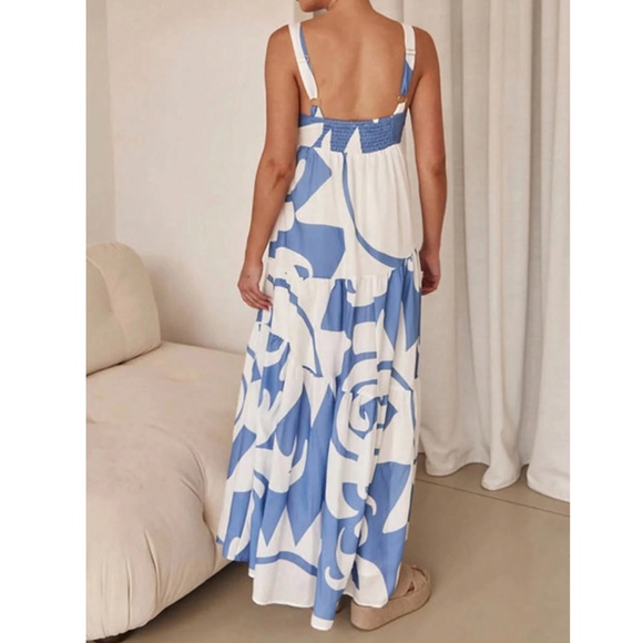 Blue on White Printed Maxi Dress Square Neck Sleeveless - Picture 3 of 11